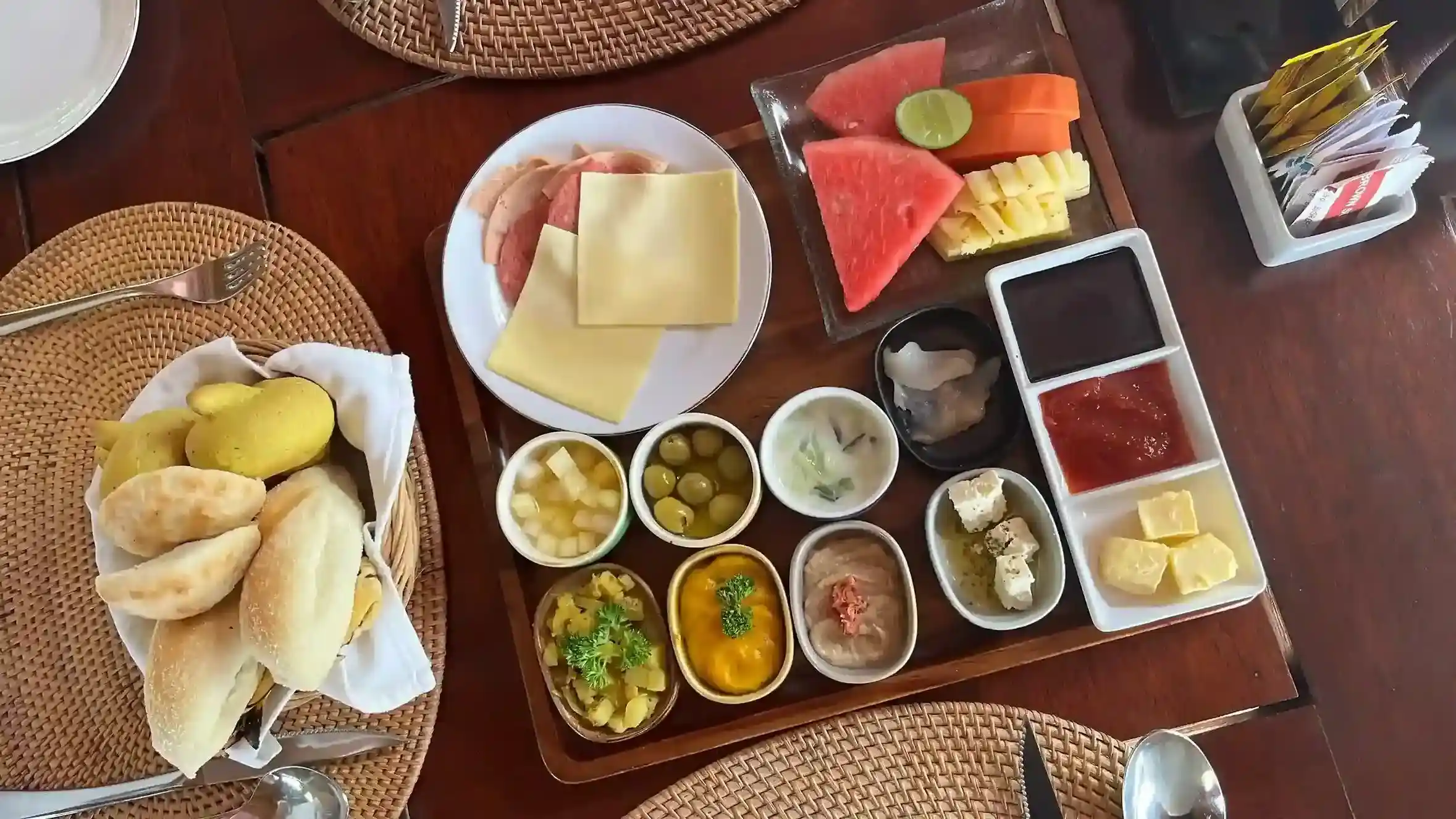 Breakfast platter of fruit and small dishes