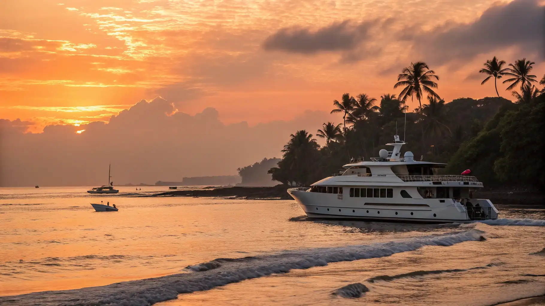 A private crewed yacht anchored in calm water at golden hour
