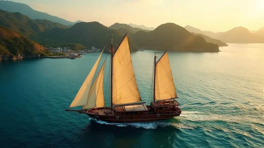 Traditional phinisi sailing out of Labuan Bajo bay toward Komodo National Park at golden hour, with the harbor town and Flores hills behind